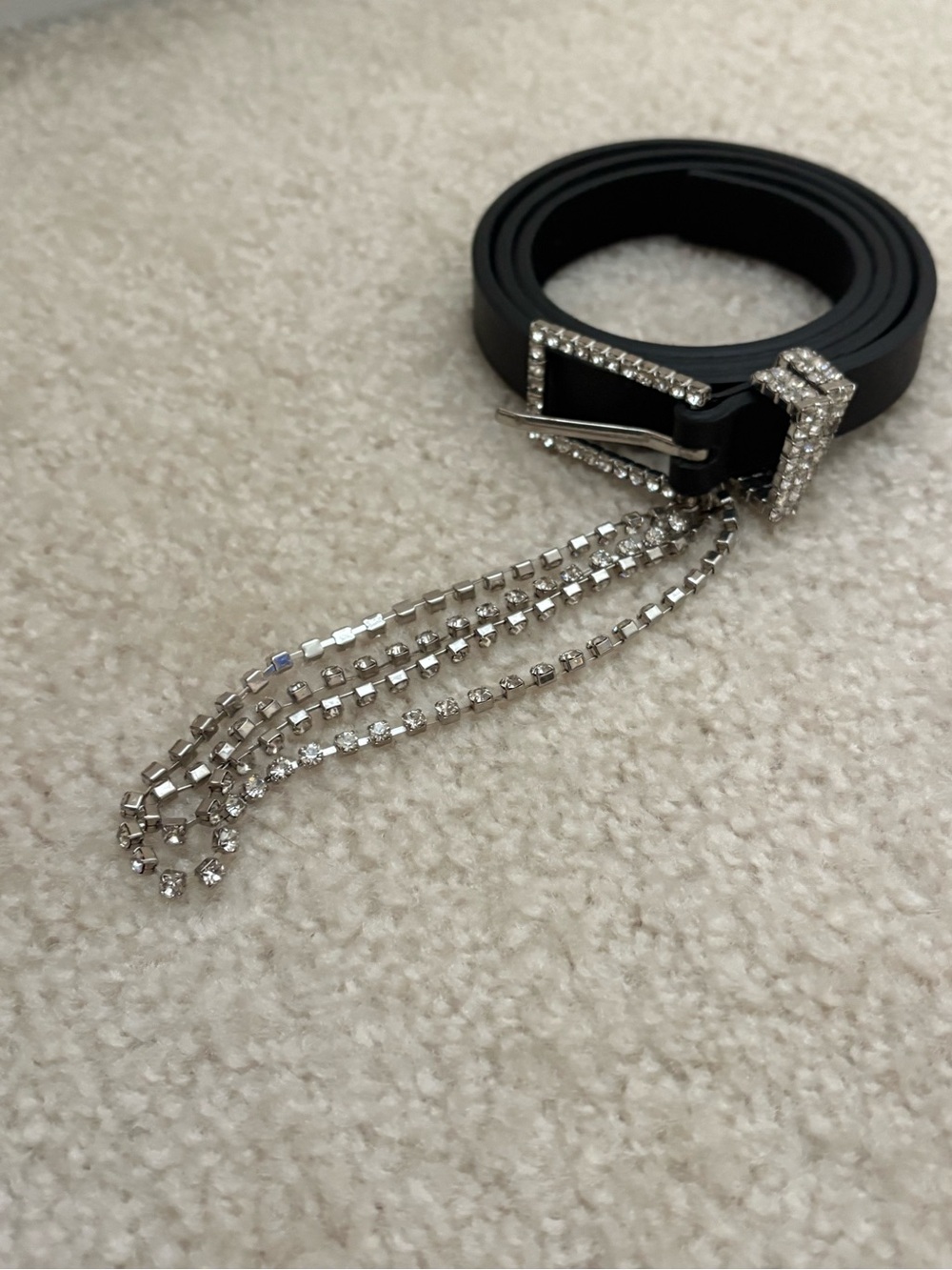B-Low the Belt Black Leather Belt with Rhinestone Buckle and Crystal Tassel